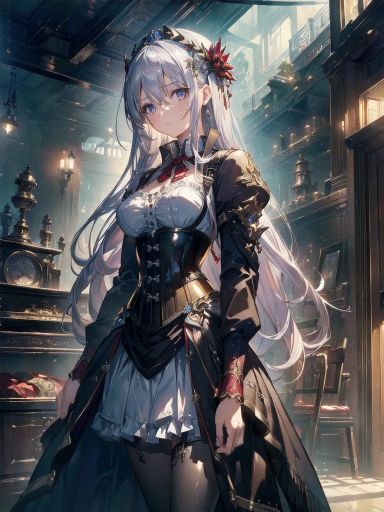 (((masterpiece)))、((highest quality))、(Super detailed)、(CG illustration)、(very beautiful girl))、cinematic light、((1 Mechanical Girl))、 SF、Apocalypse、Erotic grotesque、graduate school(beautiful and luxurious:1.2)、(1 girl:1.3)、facing the front,long silver hair,corset,high waist skirt,