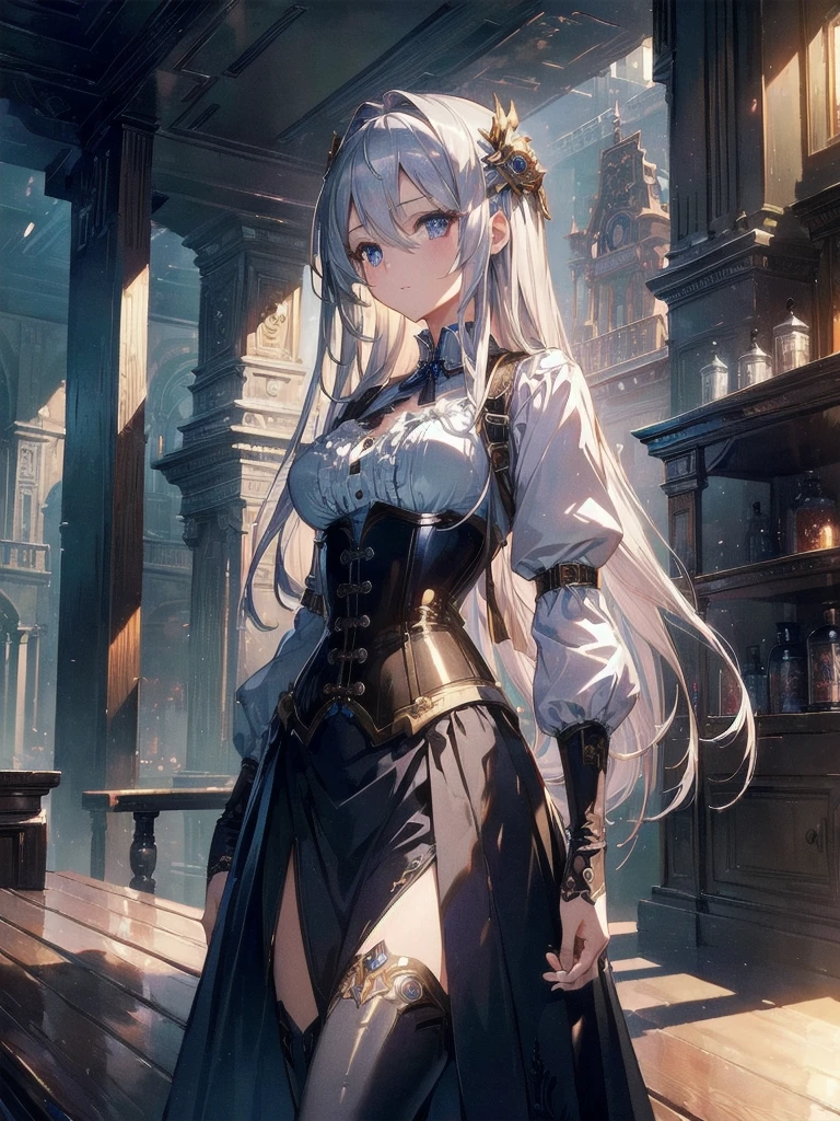 (((masterpiece)))、((highest quality))、(Super detailed)、(CG illustration)、(very beautiful girl))、cinematic light、((1 Mechanical Girl))、 SF、Apocalypse、Erotic grotesque、graduate school(beautiful and luxurious:1.2)、(1 girl:1.3)、facing the front,long silver hair,corset,high waist skirt,