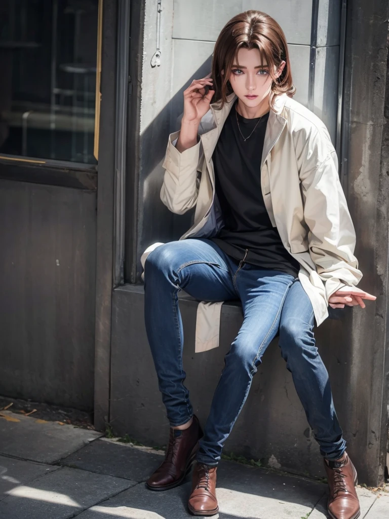 1 boy, beautiful face, brown wavy hair, blue eyes, pale skin, smooth realistic skin,full body, wearing skinny jeans,a little bit emo