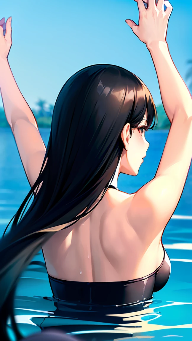 ((Highest quality、masterpiece、、Realistic、超High resolution、Very delicate and beautiful、High resolution、Cinema Lighting))、 Pool、((A scene where the upper body jumps out of the water:1.6))。((Long black hair:1.6))、smile。(Brightly colored swimsuits with easy-to-move-in designs)。Her movements are very lively and fun.、(Water splashes everywhere。背景には青いPoolの水とPoolサイドのデッキチェアとパラソルが見えます.。The sky was clear and、The sunlight reflects off the water surface)。The overall atmosphere is one of summer fun.。((head buck、Arch your back))