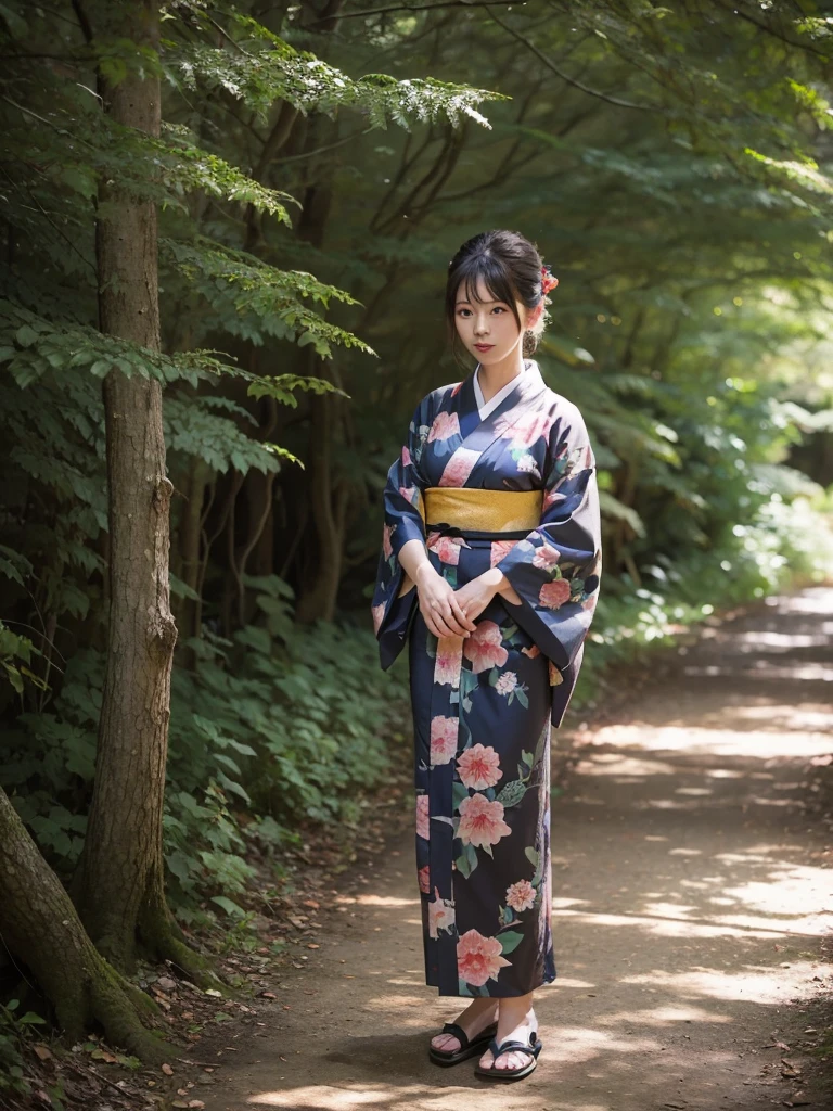 Woman dressed in Kimono in the forest