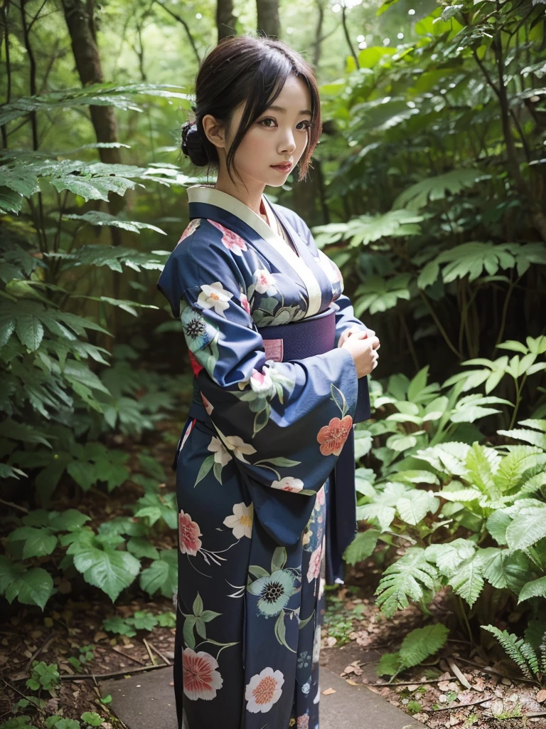 Woman dressed in Kimono in the forest 