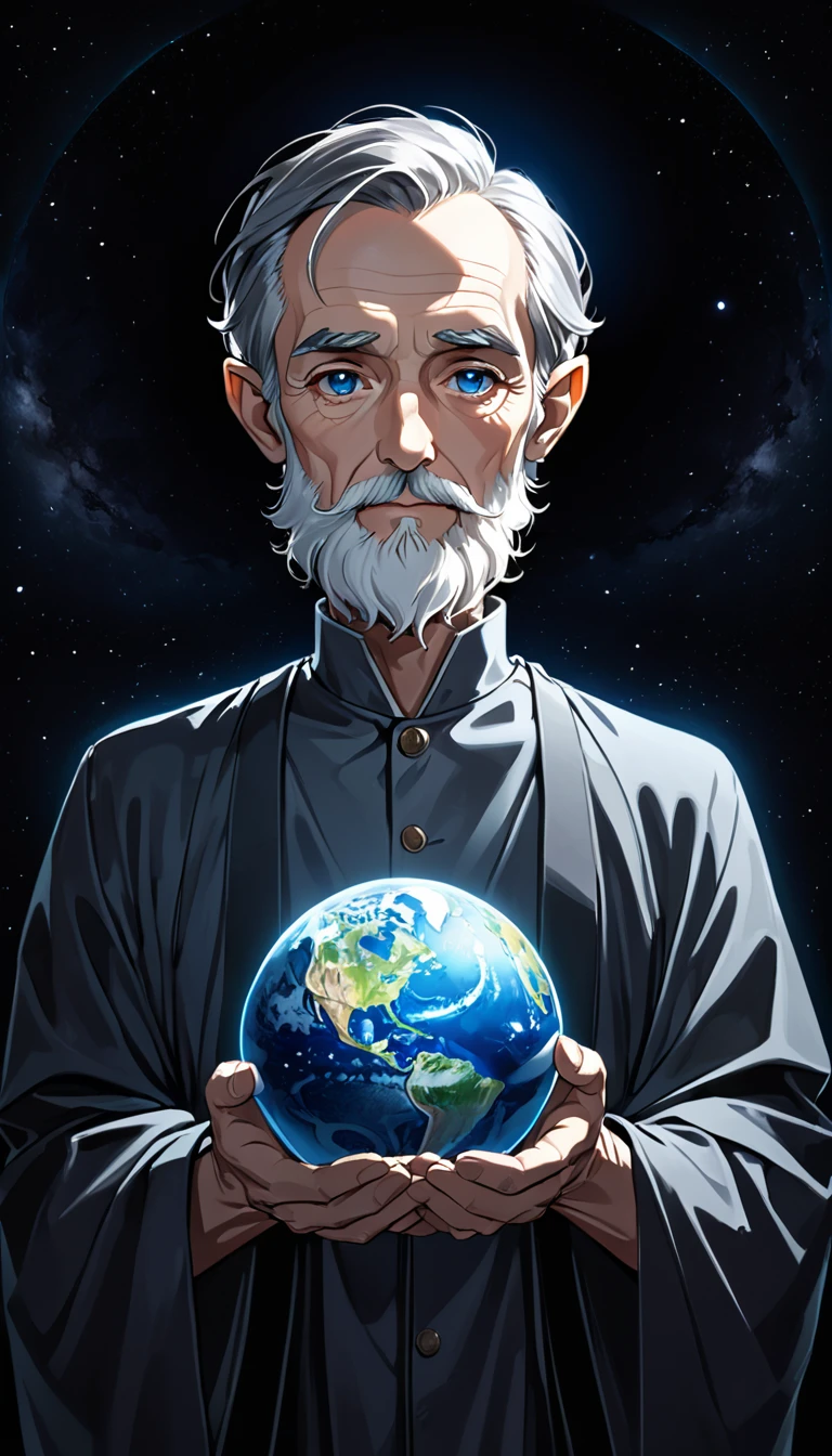 glow ball in hands,dark, dark atmosphere, deep shadow, shadow, spirit, portrait Elderly Man holds in his hands the planet earth, outer space, vishai, a giant grandfather between whose hands is the earth, geometric composition, Elderly, [Nordic] anorexic , Long gray hair, Old white skin, Round glow blue eyes, Oval faces, anorexic small neck, Thin nude Lips, Bold Tapered gray Eyebrows, snub nose, Hunched Shoulders, Slim Thighs, anorexic Slim arms legs and breast, High Angled Cheekbones, Hollow Cheeks, Rounded Chin, Rounded Jawline, Attached Pointed ears, round forehead, Designer Stubble gray whiskers, triangular small gray hair beard, graphic style of novel comics,dark novel style, comic, 2d, 8k, hyperrealism, masterpiece, high resolution, best quality, ultra-detailed, super realistic, Hyperrealistic art, high-quality, ultra high res, highest detailed, lot of details, Extremely high-resolution details, incredibly lifelike, colourful, soft cinematic light,