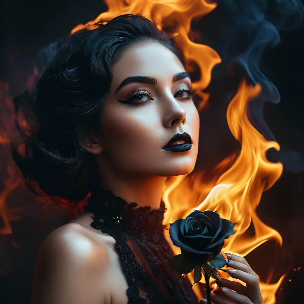 a woman with a black rose on fire, flawless skin, whimsical photography style, photo captured by an Arriflex 35BL camera using Canon K25 prime lenses, cinematic, dramatic lighting, ultra clear, breathtaking surreal masterpiece. sensual pose