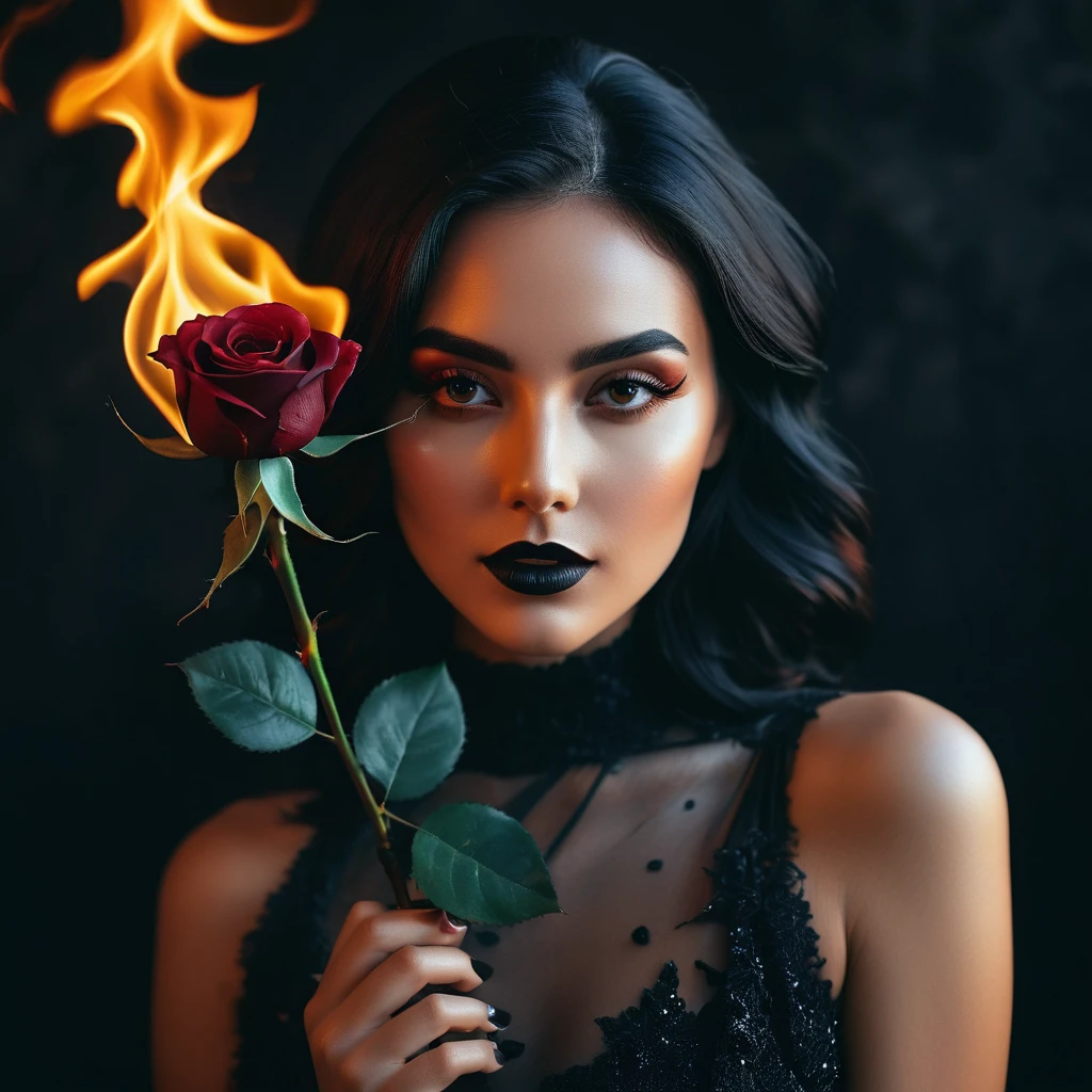 a woman with a black rose on fire, flawless skin, whimsical photography style, photo captured by an Arriflex 35BL camera using Canon K25 prime lenses, cinematic, dramatic lighting, ultra clear, breathtaking surreal masterpiece. sensual pose
