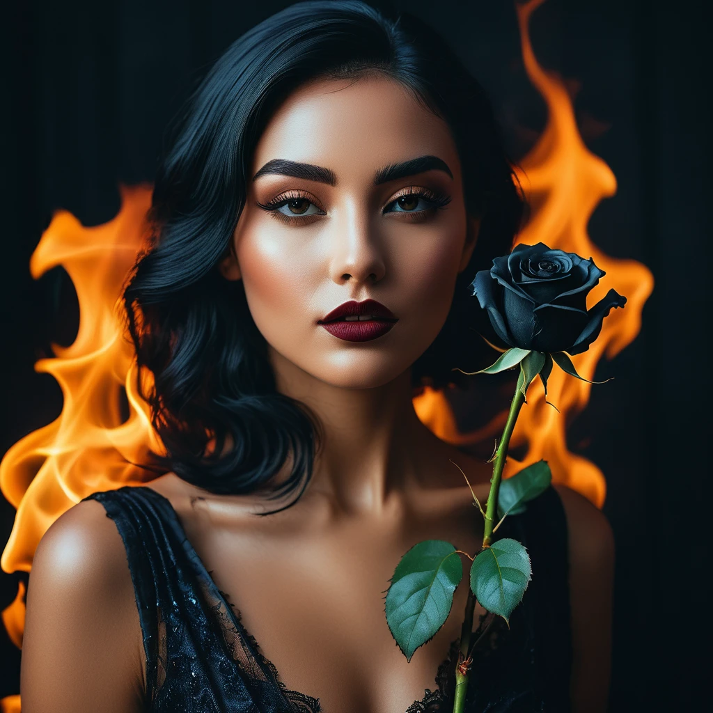 a woman with a black rose on fire, flawless skin, whimsical photography style, photo captured by an Arriflex 35BL camera using Canon K25 prime lenses, cinematic, dramatic lighting, ultra clear, breathtaking surreal masterpiece. sensual pose