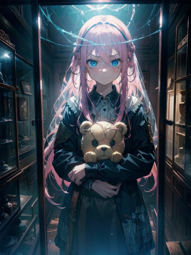 1girl, pink hair, blue eyes, (cowboy_shot:1.2), face focus, long hair, sidelocks, scared,(terrified:1.1) expression, holding teddy bear, atmospheric lighting, moody, darkness, in an old abandoned museum, transparent glass display cases filled with interesting objects, dusty, post-apocalypse, cobwebs, superb, beautiful 8k wallpaper, extremely detailed, intricate