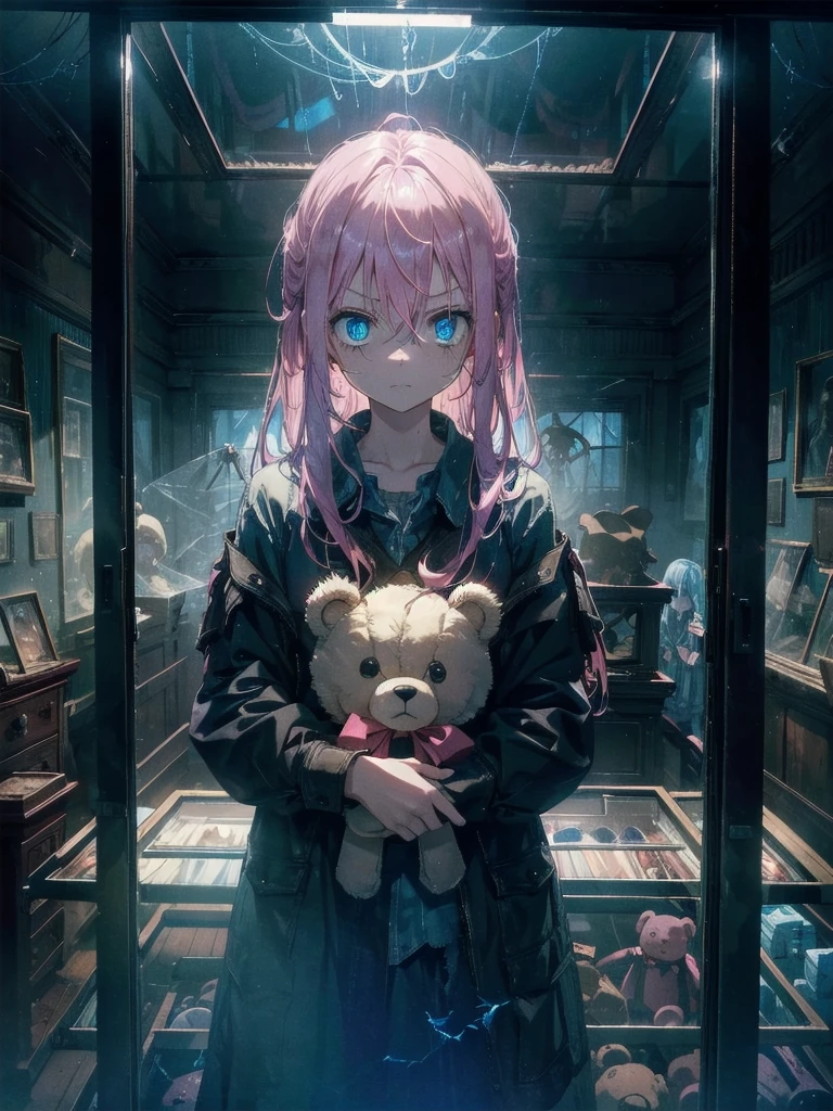 1girl, pink hair, blue eyes, (cowboy_shot:1.2), face focus, long hair, sidelocks, scared,(terrified:1.1) expression, holding teddy bear, atmospheric lighting, moody, darkness, in an old abandoned museum, transparent glass display cases filled with interesting objects, dusty, post-apocalypse, cobwebs, superb, beautiful 8k wallpaper, extremely detailed, intricate