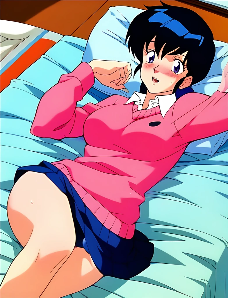 ,kyoko,score_9,score_8_upper,score_7_upper,sauce_anime,One girl,alone,Distract from the viewer、Hospital bed、Lying down、Pink Sweater,White collared shirt,length_skirt,blue skirt,Embarrassing、Rolled up skirt、Panties、Covered in semen、Torn clothing、Scattered Semen、Ecstatic expression、