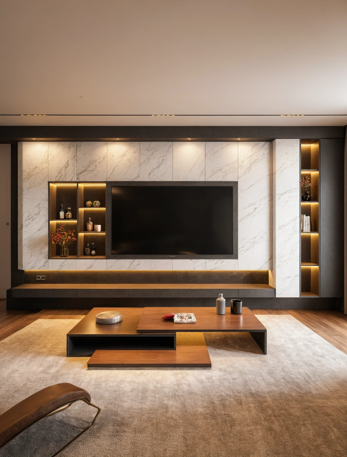Raw photo,Masterpiece, high quality, best quality, authentic, super detail, interior , sunset, daylight, Modern luxury style living room, TV cabinet, TV, decorative cabinet, books, flower vases, bottles, tea table, tray, wine bottle, open book, carpet, wooden floor, curve, marble cliffs,