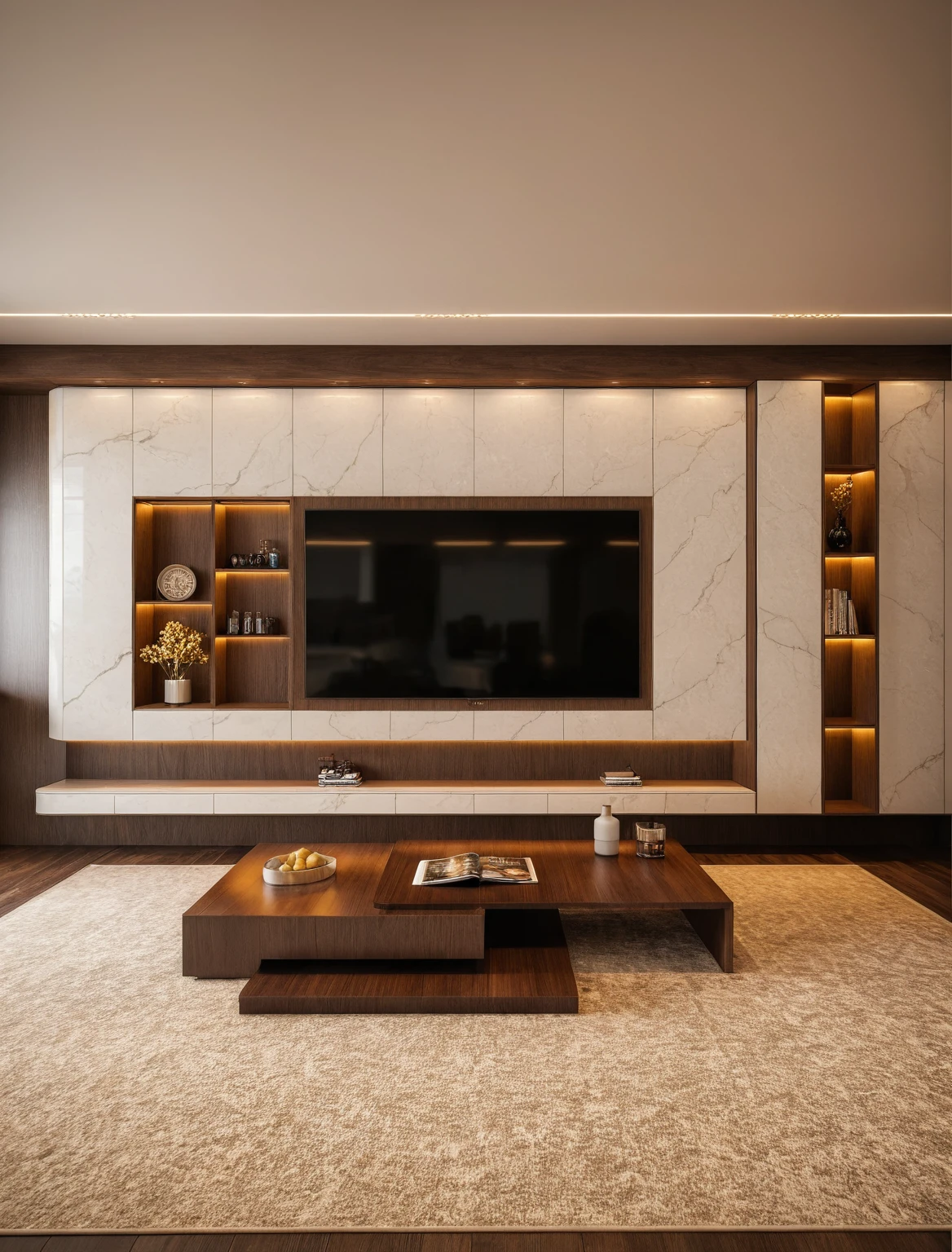 Raw photo,Masterpiece, high quality, best quality, authentic, super detail, interior , sunset, daylight, Modern luxury style living room, TV cabinet, TV, decorative cabinet, books, flower vases, bottles, tea table, tray, wine bottle, open book, carpet, wooden floor, curve, marble cliffs,