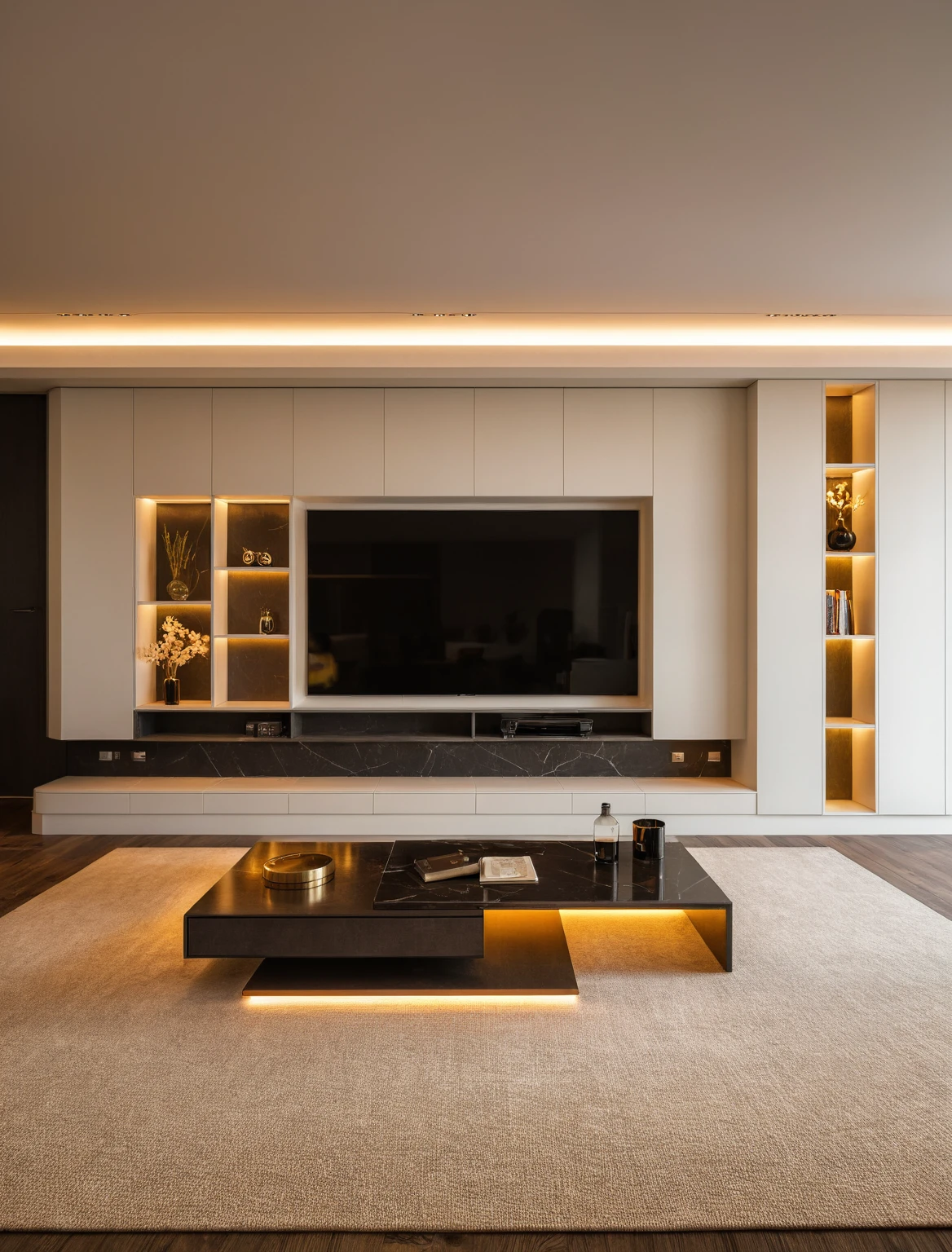 Raw photo,Masterpiece, high quality, best quality, authentic, super detail, interior , sunset, daylight, Modern luxury style living room, TV cabinet, TV, decorative cabinet, books, flower vases, bottles, tea table, tray, wine bottle, open book, carpet, wooden floor, curve, marble cliffs,