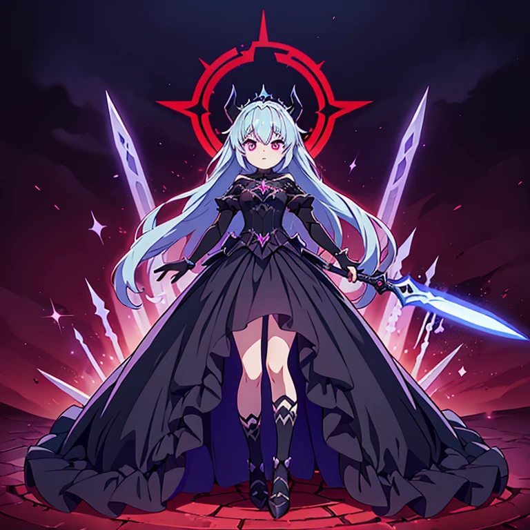 Full body, beautiful eyes , 1 girl  , full body , cute girl , anime style , cute eyes  , (standing up) , ( AHexcalibur has a sleek, blackened steel blade etched with glowing, crimson runes that pulsate with dark energy. The hilt is adorned with sinister, spiked guards and a pommel shaped like a demonic eye that watches its surroundings. A shroud of shadowy mist surrounds the blade, giving it an eerie, spectral presence.) , (ball gown) , crown , hidden legs ,( princess) , (ballgown covers legs) , cursed sword