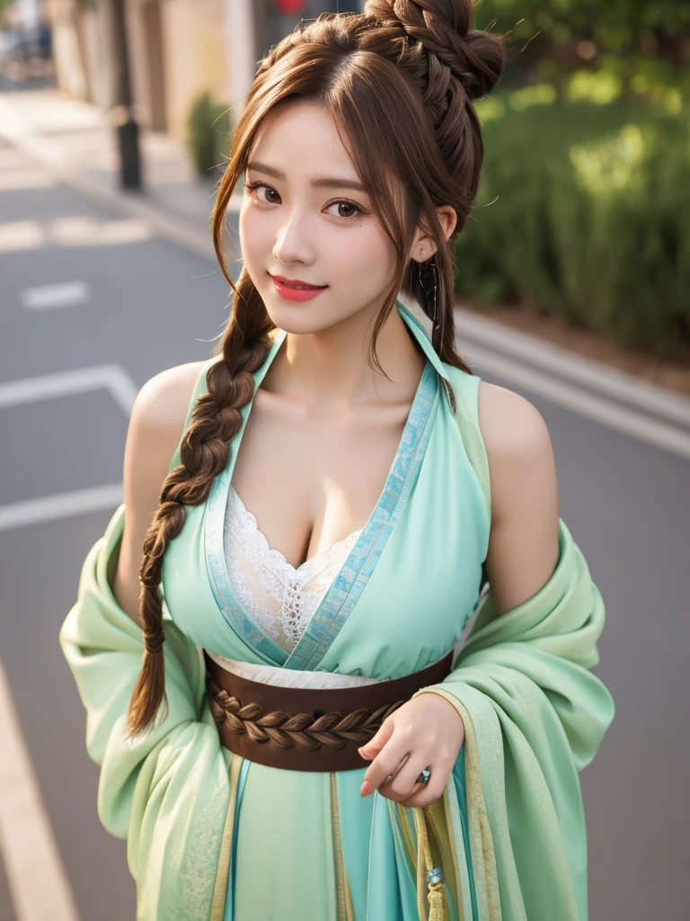 1girl, solo, facing viewer, smile, 8k, masterpiece, (((braided brown hair bun))), (Street:1.3), (Breasts: 1.2), (Hanfu: 1.2), Bare Shoulders, masterpiece, HD, detailed skin, detailed face and eyes, realistic, daytime, high resolution, 8k, medium breast, cleavage: 1.2, standing, cowboy shot