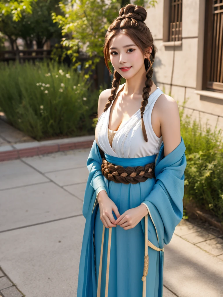 1girl, solo, facing viewer, smile, 8k, masterpiece, (((braided brown hair bun))), (Street:1.3), (Breasts: 1.2), (Hanfu: 1.2), Bare Shoulders, masterpiece, HD, detailed skin, detailed face and eyes, realistic,  daytime, high resolution, 8k, medium breast, cleavage: 1.2, standing, cowboy shot