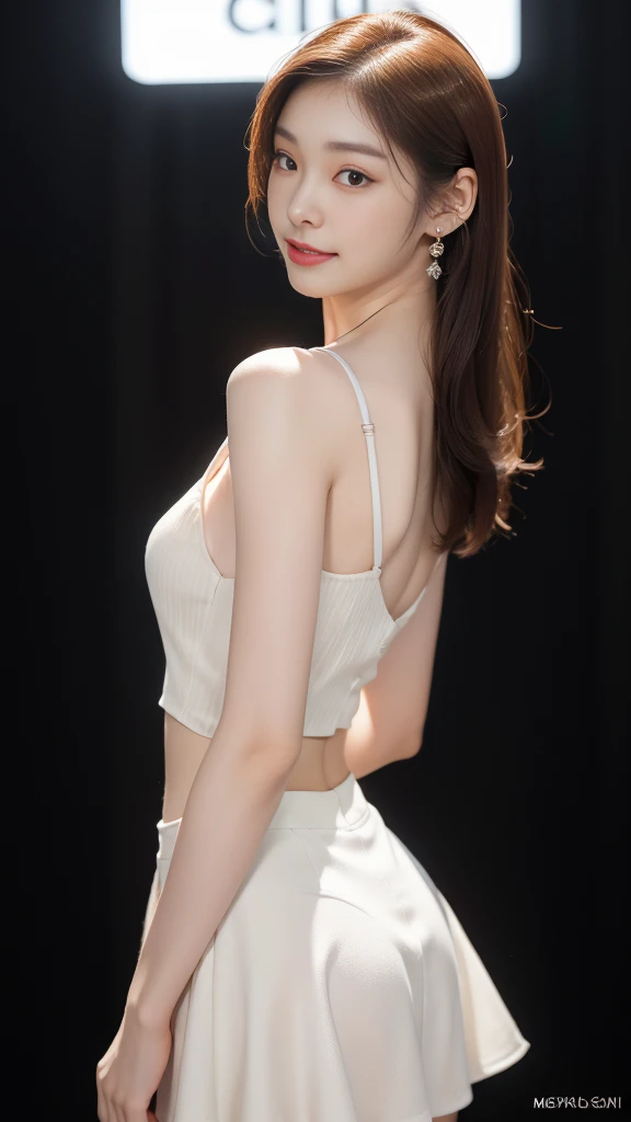 8k, masterpiece, RAW photo, best quality, photorealistic, extremely detailed CG unity 8k wallpaper, Depth of field, Cinematic Light, Lens Flare, Ray tracing, (extremely beautiful face, beautiful lips, beautiful eyes), intricate detail face, ((ultra detailed skin)) 1girl, in the dark, deep shadow, pretty korean girl, kpop idol, 1 girl, (very slim slender fit-muscled body:1.3), ((looking at viewer)),(big smile:1.3), (midnight, dark night, (neon sign), (blurred background), dim light), (without people in the background:1.3), beautiful earrings, bracelets, necklace, pantyhose, clear eyes, walking , front shot, (pale skin), (big eyes), face forward, (full body shot), (brown hairs), open navel, (looking at viewer:1.3), very slim, medium breasts, (camel toe), thick thighs, turn back, (flooming laced mini dress), ((white color dress)), (tight skirt), ((turning back, back shot)), ultra mini skirt, exposed ass, upper shot