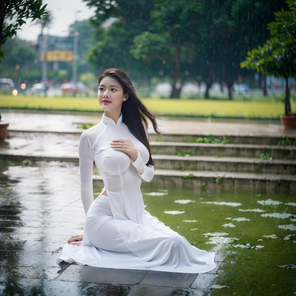 ((Ao Dai with bra inside, big breasts, beautiful breasts, sitting in the rain, 8k quality photo with good details))