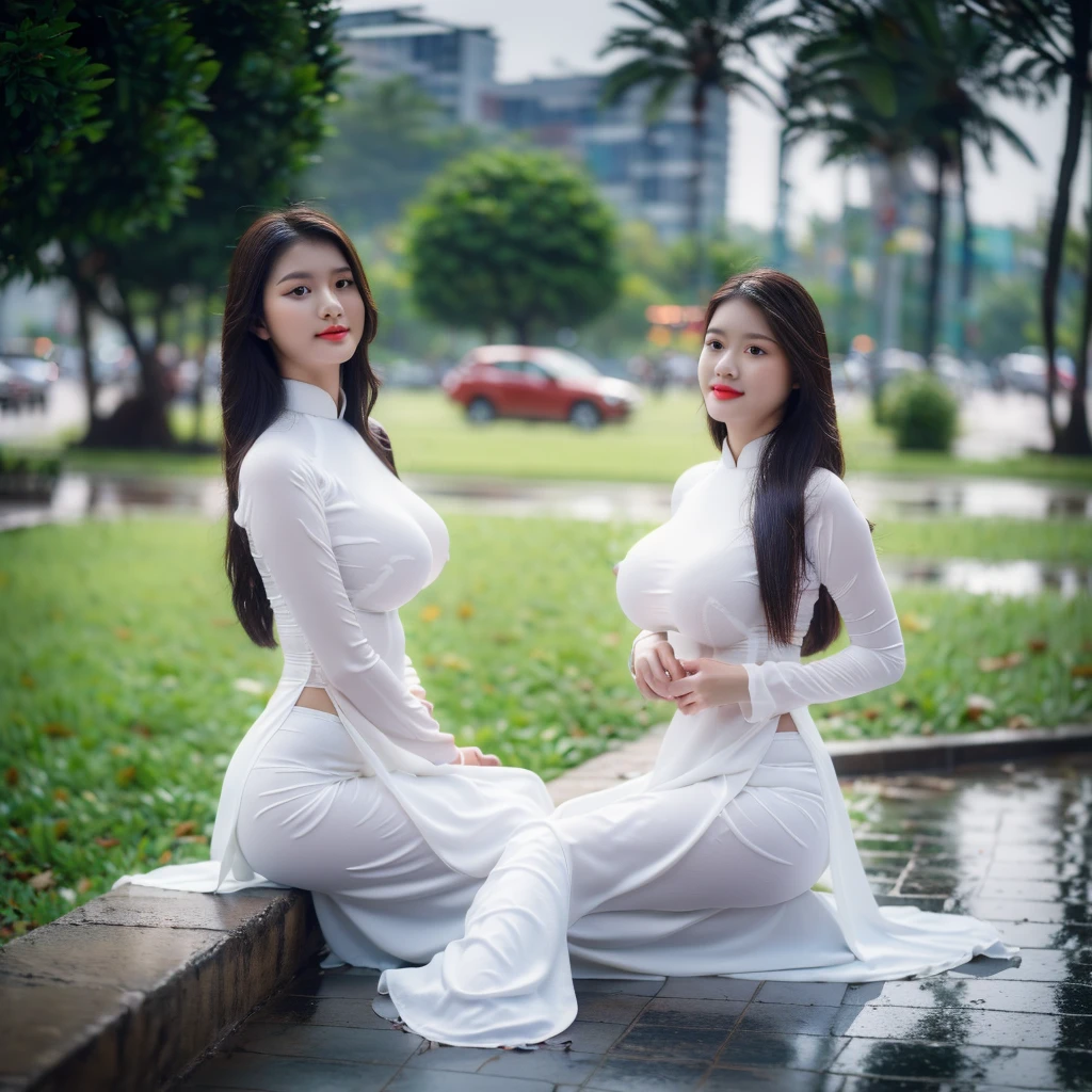 ((Ao Dai with bra inside, big breasts, beautiful breasts, sitting in the rain, 8k quality photo with good details))