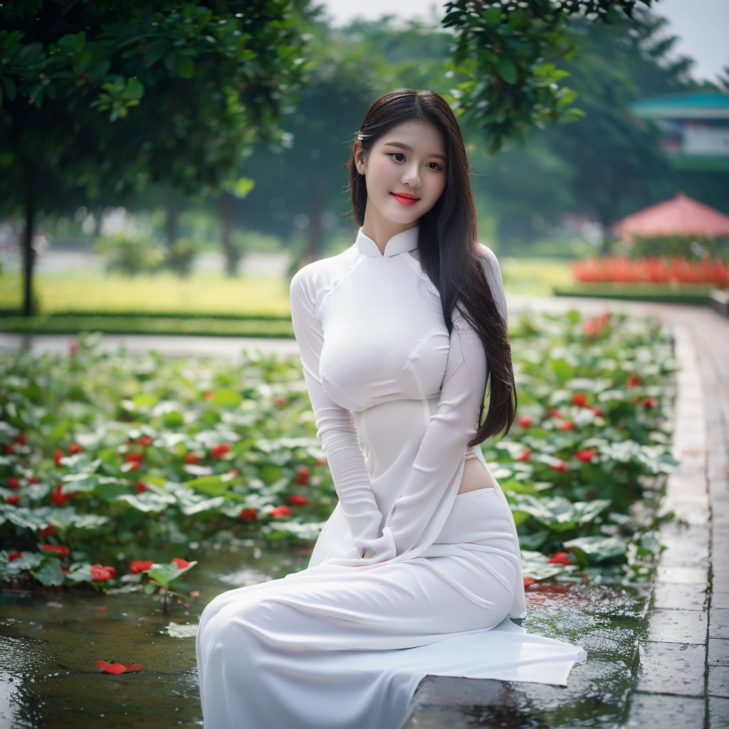 ((Ao Dai with bra inside, big breasts, beautiful breasts, sitting in the rain, 8k quality photo with good details))