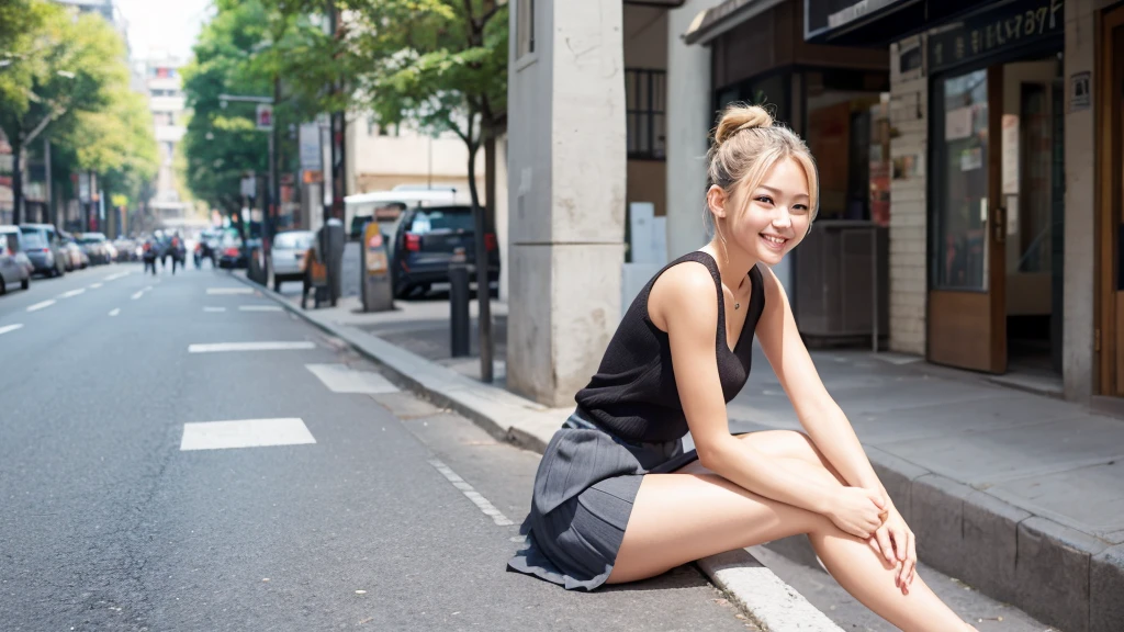 Top quality, 1 beautiful woman, Bun Hair, blonde hair, wearing Camisole & skirt, shy-smile, Sunlight, at street