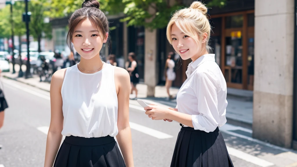 Top quality, 1 beautiful woman, Bun Hair, blonde hair, wearing Camisole & skirt, shy-smile, Sunlight, at street