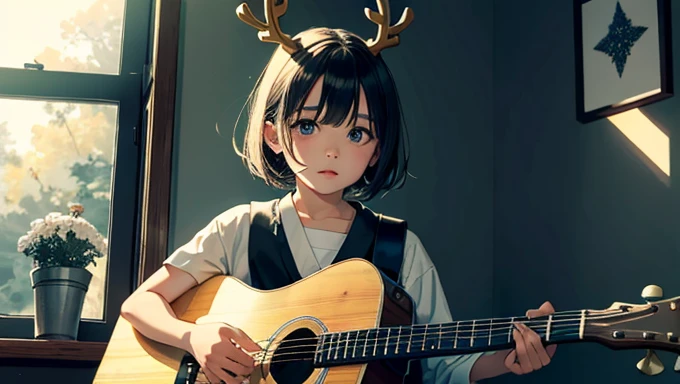 Masterpiece,Highest quality,AKEBI-CHAN_phi_SAILOR_fuku,, reindeer antlers, cute, big eyes, short hair, child's body, cute clothes, KomichiAkebiR4, black hair, blue eyes,The room is soft, When the sun sinks below the horizon、Glowing in gold. The gentle sounds of the guitar filled the air., The melody reflects the musician's quiet reflections..
sitting cross-legged on a fluffy rug, The guitarist was leaning against a decorative wooden window frame.. Their chiseled jawlines and strong, The distinctive features were illuminated by a warm light., Golden light coming through the window. A veil of privacy hangs over their faces., Their eyes sparkled with quiet enthusiasm., Lost in the rhythm of his own creation.