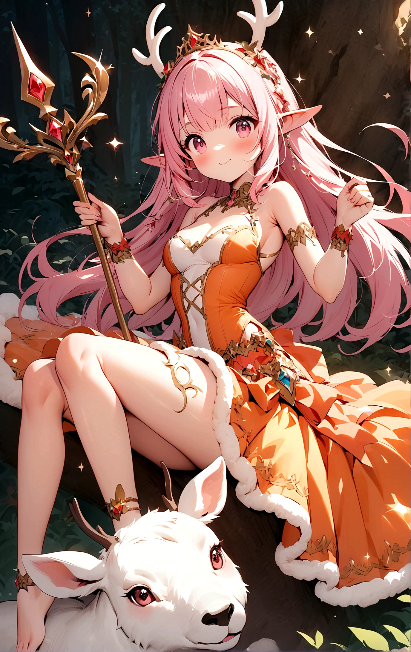 game character,Cartoon anime style,beautiful girl,Cute expression,Fluffy pink hair,Pink Eyes,Cute pink antlers,Elf ears,Orange Tulle Skirt,The scepter inlaid with metal gems sparkles,Long legs,Stand barefoot,Foot ring。(((Correct human anatomy))),In the magic forest,A cute white deer
