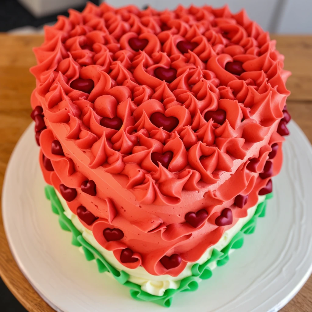 on a wooden table, a cream cake in the form of a heart, the lower part of the cake is made of green cream stars, a cream layers red white green, made of polymer clay, window light, bright lights, soft light, window light, professional lighting, light from the window, neat light, realistic texture, realistic style, detailed texture, high quality, high resolution, high quality rendering, realistic photo, brightning light, macro photo
