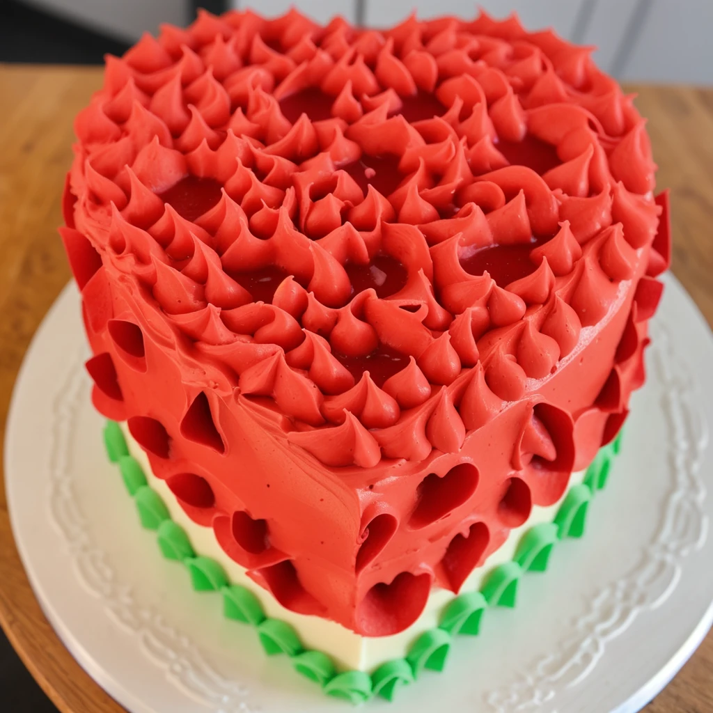 on a wooden table, a cream cake in the form of a heart, the lower part of the cake is made of green cream stars, a cream layers red white green, made of polymer clay, window light, bright lights, soft light, window light, professional lighting, light from the window, neat light, realistic texture, realistic style, detailed texture, high quality, high resolution, high quality rendering, realistic photo, brightning light, macro photo