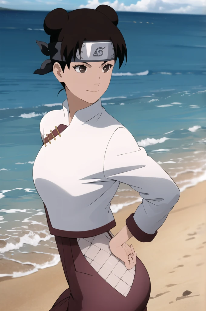 masterpiece, absurdres , (intricate details), (colorful),cinematic lighting,bust shot,extremely detailed CG unity 8k wallpaper,tenten\(shippuden\), 1girl, solo, hakama pants,white shirt, medium breasts, hand on hip,forehead protector, konohagakure symbol, headband, outdoors,beach, laying on chest, laying on towel, smile,naked, small ass, big breasts, vagina, sunbathing