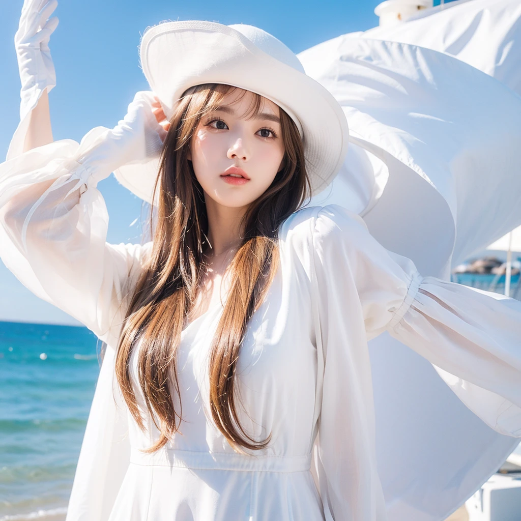 Solo, A with long blonde hair and black eyes , have bangs, wearing white dress with puffed sleeve and white gloves, wearing a white hat and at the beach , on a yacht