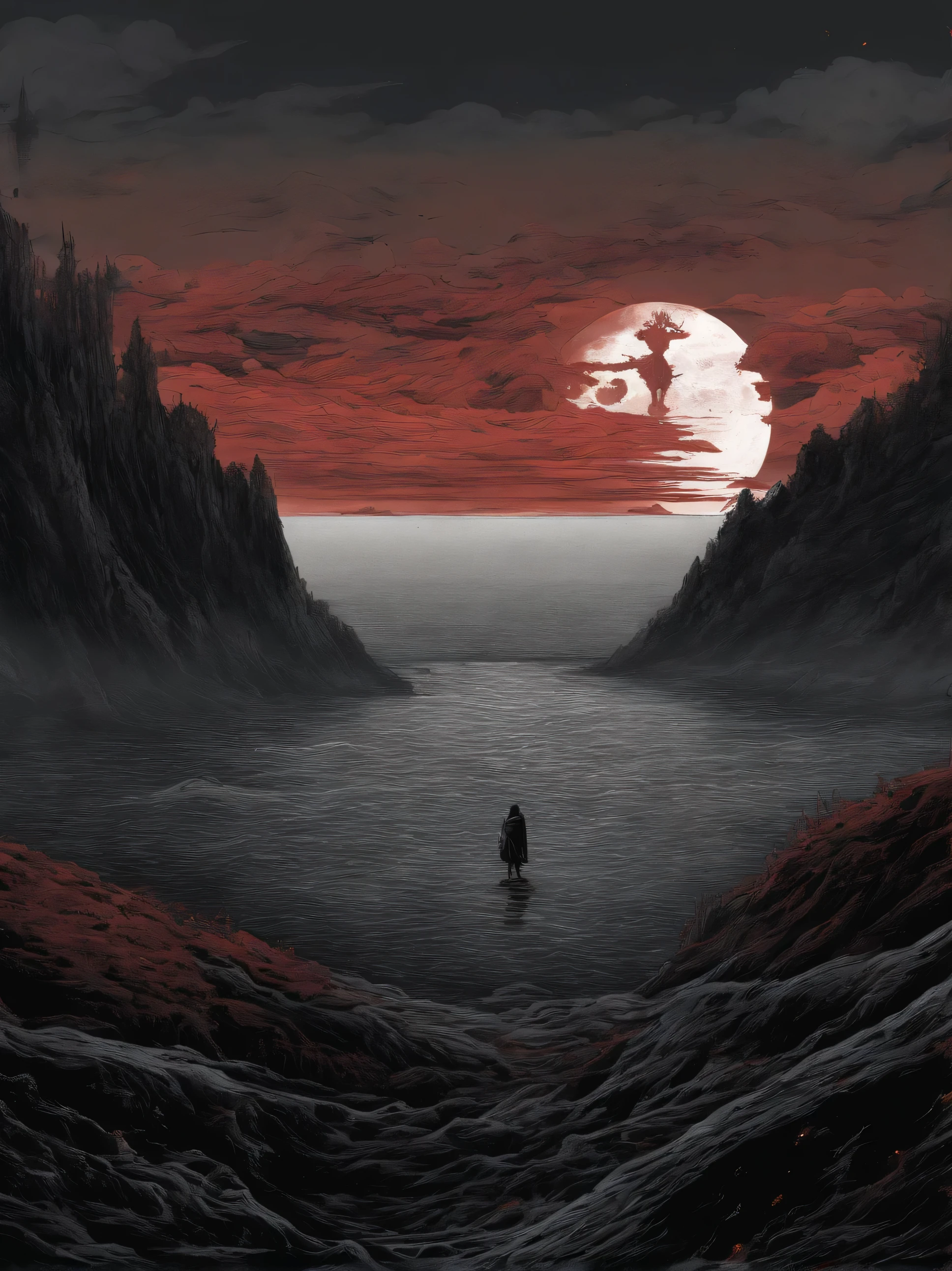 Cover of an anime novel A cover of a manga showing an anime man with long black hair standing on the side of a mountain and looking at the expanse of the sea, which appears to be red in color due to the reflection of the crimson moonlight. It is useful as the cover of a novel with high quality accuracy and no error. 