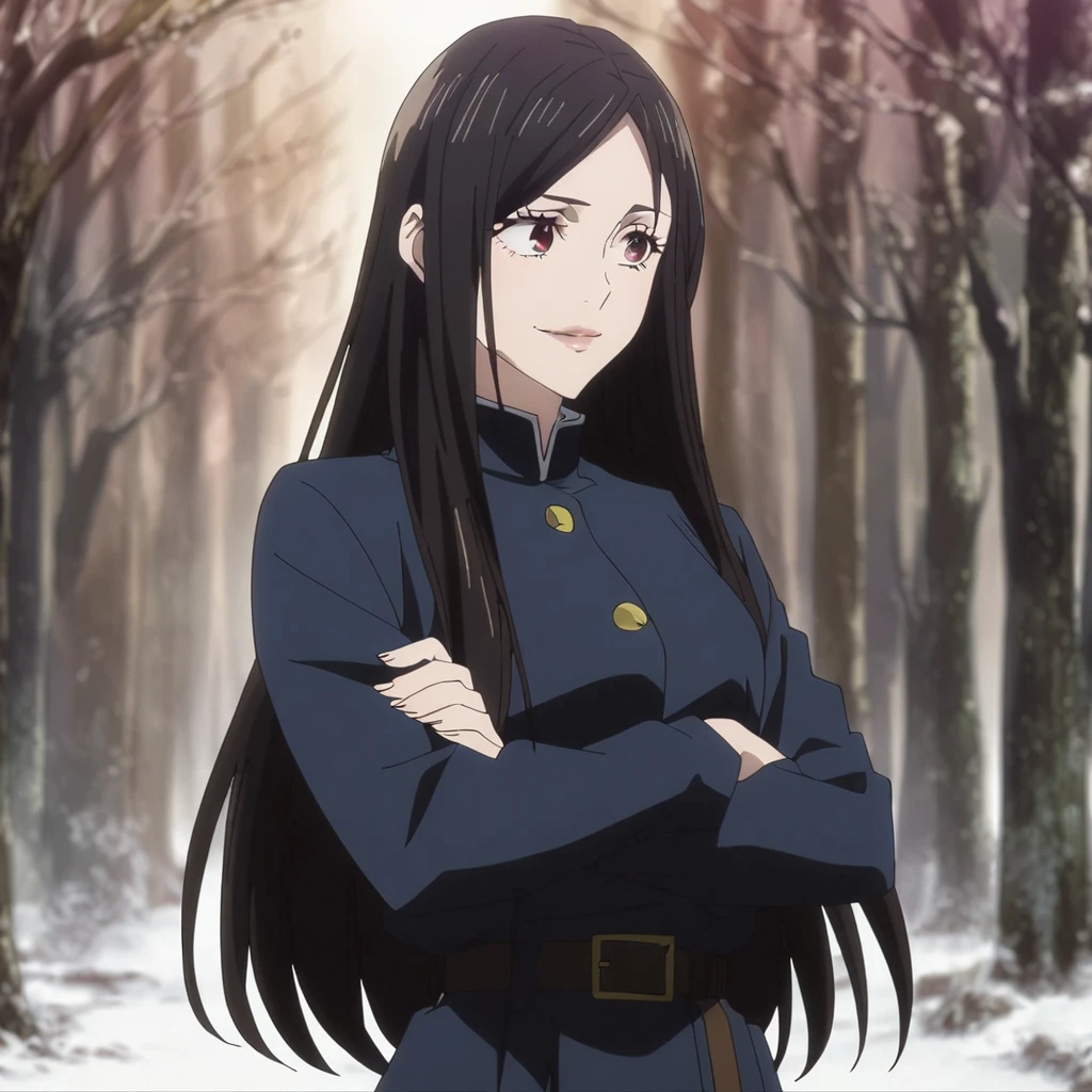 1girl, anime screencap from jujutsu kaisen, solo, very long_hair, ((smooth texture hair)) purple eyes, ((length_hair, black_hair, very_length_hair,parted bangs, red_eye)), breasts, upper_body, smile, forest background, black_eyes, lips, (( length_hair, black_hair, very_length_hair,parted bangs,  red_eye)) wearing black color clothes, breast, "very detailed and high resolution" (red eyes) ((cross arms))  ((smooth texture hair)) ((solo)) ((high resolution)) (Good quality) 