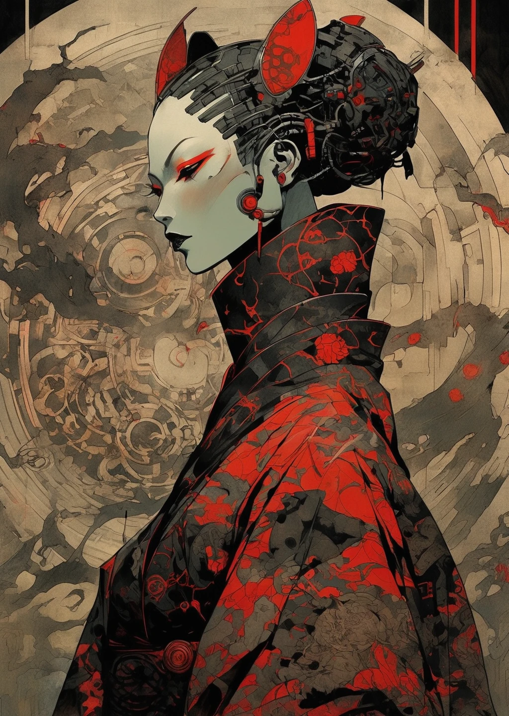 1 female, Cyborg Kimono Tattoo Shadow Flat Black and Red
(Dave McKean、Artwork in the style of Meobius Sam Bosma:1.5)