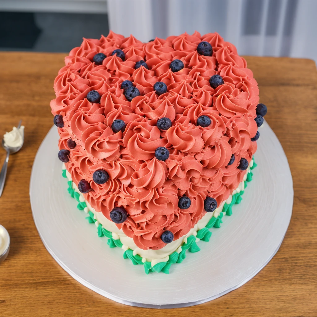 on a wooden table, a cream cake in the form of a heart, the lower part of the cake is made of green cream stars, a cream layers red white green, made of polymer clay, window light, bright lights, soft light, window light, professional lighting, light from the window, neat light, realistic texture, realistic style, detailed texture, high quality, high resolution, high quality rendering, realistic photo, brightning light, macro photo