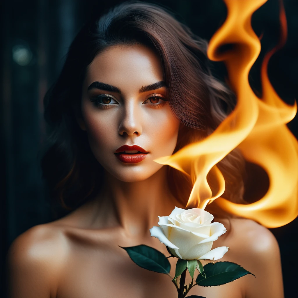 a woman with a white rose on fire, flawless skin, whimsical photography style, photo captured by an Arriflex 35BL camera using Canon K25 prime lenses, cinematic, dramatic lighting, ultra clear, breathtaking surreal masterpiece. sensual pose