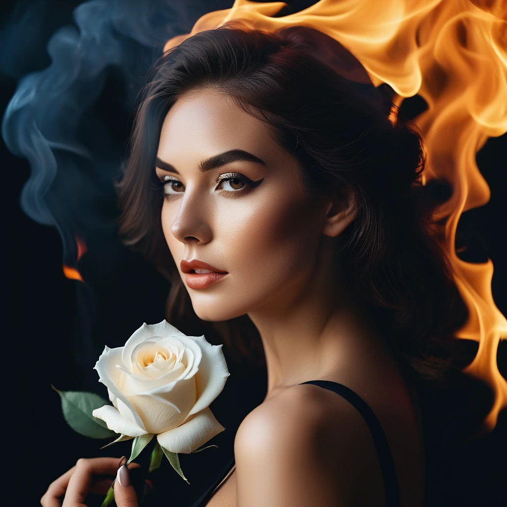 a woman with a white rose on fire, flawless skin, whimsical photography style, photo captured by an Arriflex 35BL camera using Canon K25 prime lenses, cinematic, dramatic lighting, ultra clear, breathtaking surreal masterpiece. sensual pose