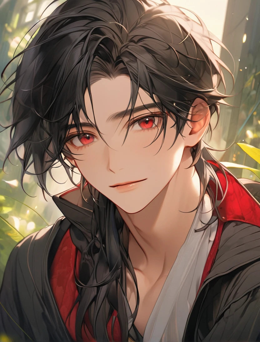 (Black_Hair), (red_ruby_eyes), (Handsome), (attractive), (male), (close_up_shot), (detailed_eyes), (detailed_hair), (clean_hair), (carefree_expression), (vertical_pupils), (peaceful_atmosphere), (jawline), (youthful_appearance)