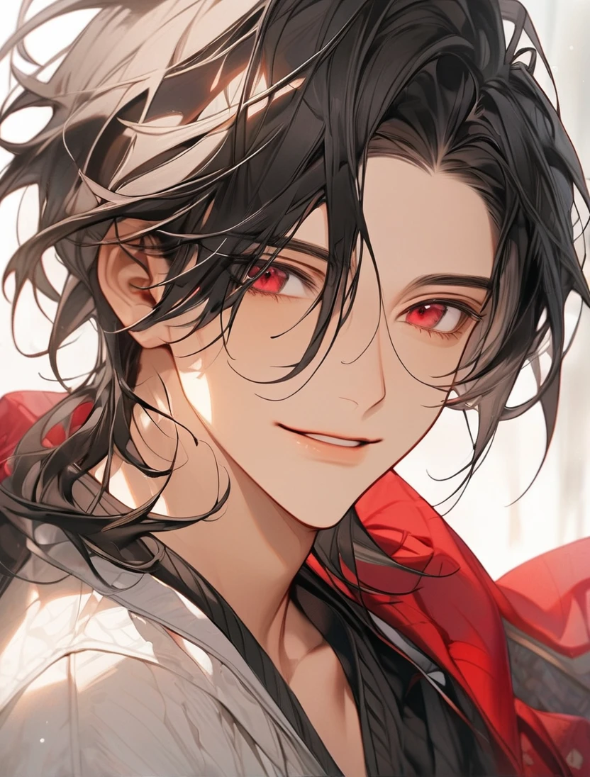(Black_Hair), (red_ruby_eyes), (Handsome), (attractive), (male), (close_up_shot), (detailed_eyes), (detailed_hair), (clean_hair), (carefree_expression), (vertical_pupils), (peaceful_atmosphere), (jawline), (youthful_appearance)