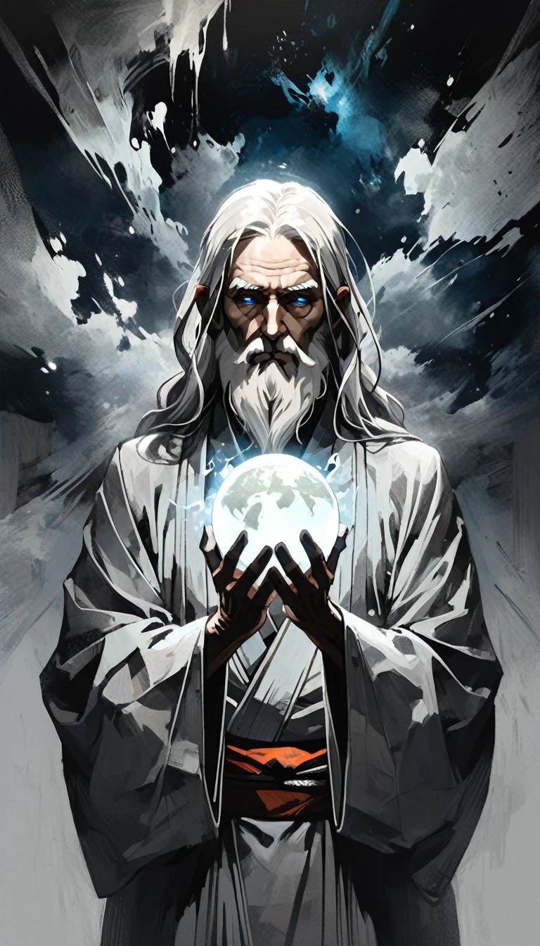 glow ball in hands,dark, dark atmosphere, deep shadow, shadow, spirit, portrait Elderly Man in (gray kimono) holds in his hands the planet earth, outer space, vishai, a giant grandfather between whose hands is the earth, geometric composition, Elderly, [Nordic] anorexic , Long gray hair, Old white skin, Round glow blue eyes, Oval faces, anorexic small neck, Thin nude Lips, Bold Tapered gray Eyebrows, snub nose, Hunched Shoulders, Slim Thighs, anorexic Slim arms legs and breast, High Angled Cheekbones, Hollow Cheeks, Rounded Chin, Rounded Jawline, Attached Pointed ears, round forehead, Designer Stubble gray whiskers, triangular small gray hair beard, graphic style of novel comics,dark novel style, comic, 2d, 8k, hyperrealism, masterpiece, high resolution, best quality, ultra-detailed, super realistic, Hyperrealistic art, high-quality, ultra high res, highest detailed, lot of details, Extremely high-resolution details, incredibly lifelike, colourful, soft cinematic light,