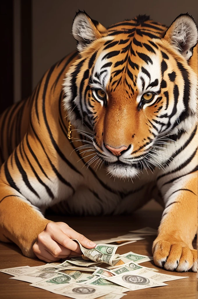 Tiger counting money with gold necklace