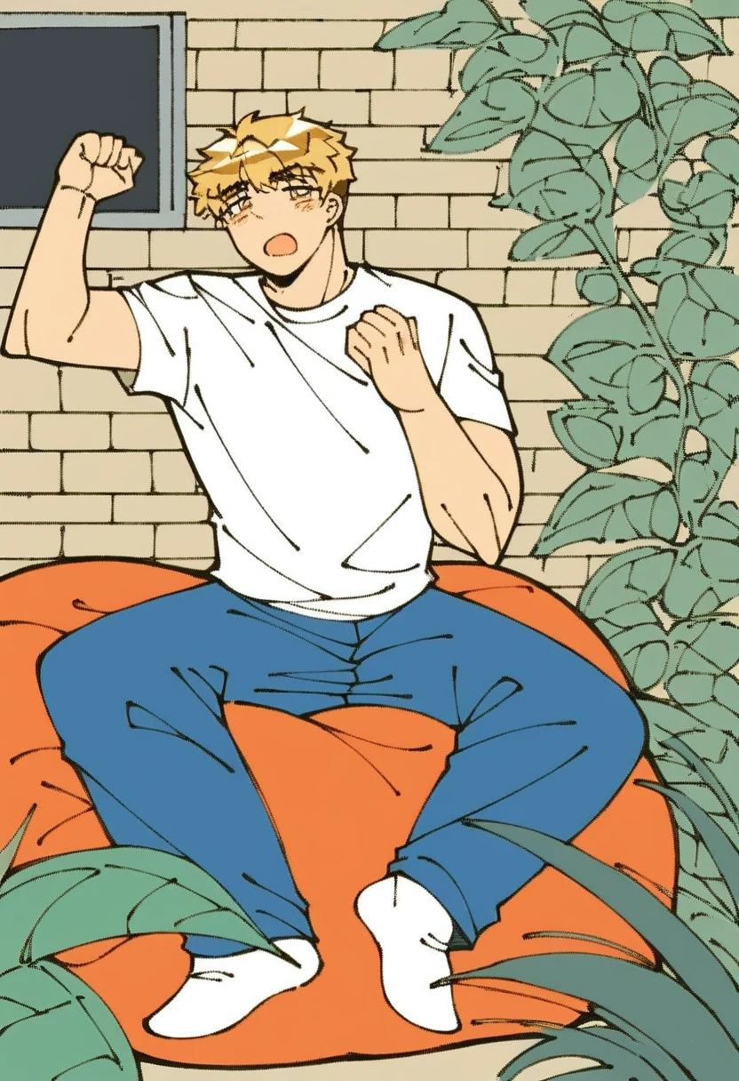 In manga and line art style、The delicate illustrations of Japanese BL manga、Cute anime style、Flat Color、One male、Golden Brown Eyes、Golden Hair、A very good looking man around 25 years old with short hair、handsome man、185 cm、Sportsman、Long legs。shirt、Flexible muscles、Waking up。He is stretching with his eyes open and yawning softly.。A calm and mature type、I live in a very luxurious apartment.。Super Darling。Very tall、supple physique、The interior is Brooklyn-style industrial.、Brick wall、blackboard、Foliage plant、Large windows、Camel brown sofa、Monotone patterned cushion cover、blanket