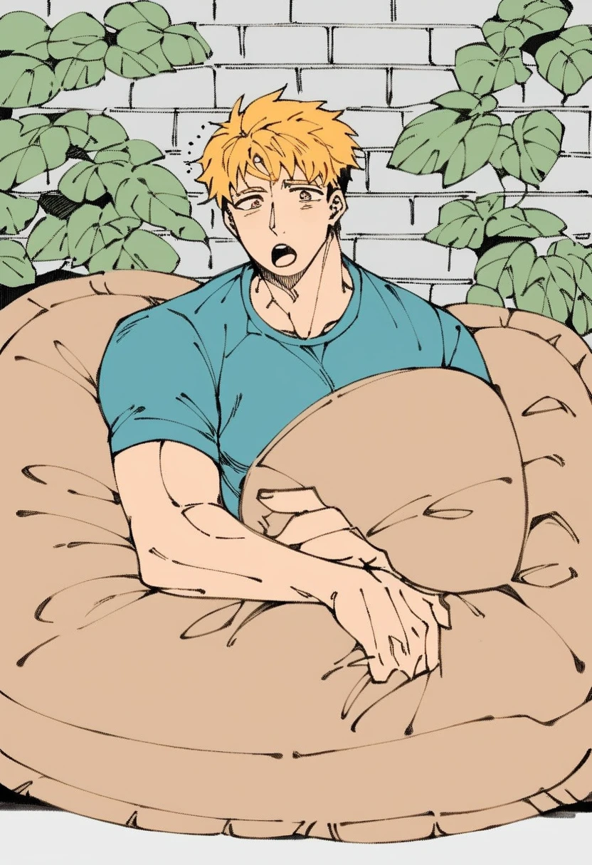 In manga and line art style、The delicate illustrations of Japanese BL manga、Cute anime style、Flat Color、One male、Golden Brown Eyes、Golden Hair、A very good looking man around 25 years old with short hair、handsome man、185 cm、Sportsman、Long legs。shirt、Flexible muscles、Waking up。He is stretching with his eyes open and yawning softly.。A calm and mature type、I live in a very luxurious apartment.。Super Darling。Very tall、supple physique、The interior is Brooklyn-style industrial.、Brick wall、blackboard、Foliage plant、Large windows、Camel brown sofa、Monotone patterned cushion cover、blanket