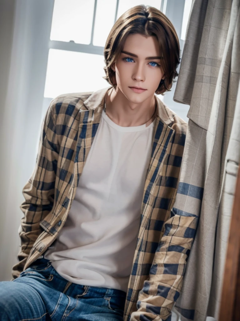 1 boy, beautiful face, brown wavy hair, blue eyes, pale skin, smooth realistic skin,full body, wearing skinny jeans, wearing plaid shirt and t shirt inside