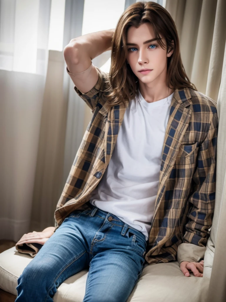 1 boy, beautiful face, brown wavy hair, blue eyes, pale skin, smooth realistic skin,full body, wearing skinny jeans, wearing plaid shirt and t shirt inside 