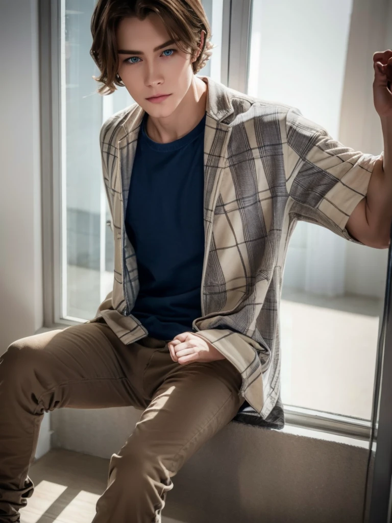 1 boy, beautiful face, brown wavy hair, blue eyes, pale skin, smooth realistic skin,full body, wearing skinny jeans, wearing plaid shirt and t shirt inside