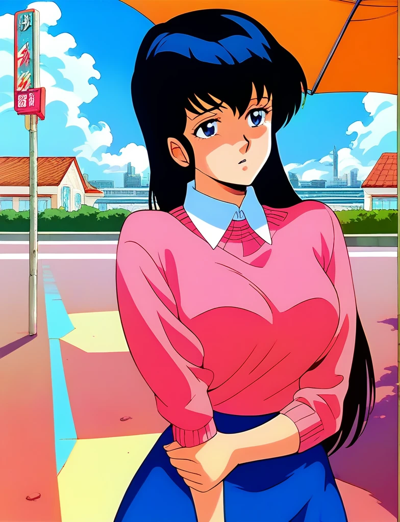 Kyoko,score_9,score_8_superior,score_7_superior,sauce_anime,One girl,alone,View your viewers,city,Streetscape of the 1980s,asphalt paved,paved,lamp post,force_line,Orange sky,evening,Pink Sweater,White collared shirt,length_skirt,blue skirt,cowboy_shot,Front view,squat、Squat、Panties in full view、Sad face、:d,arms_behind_return,