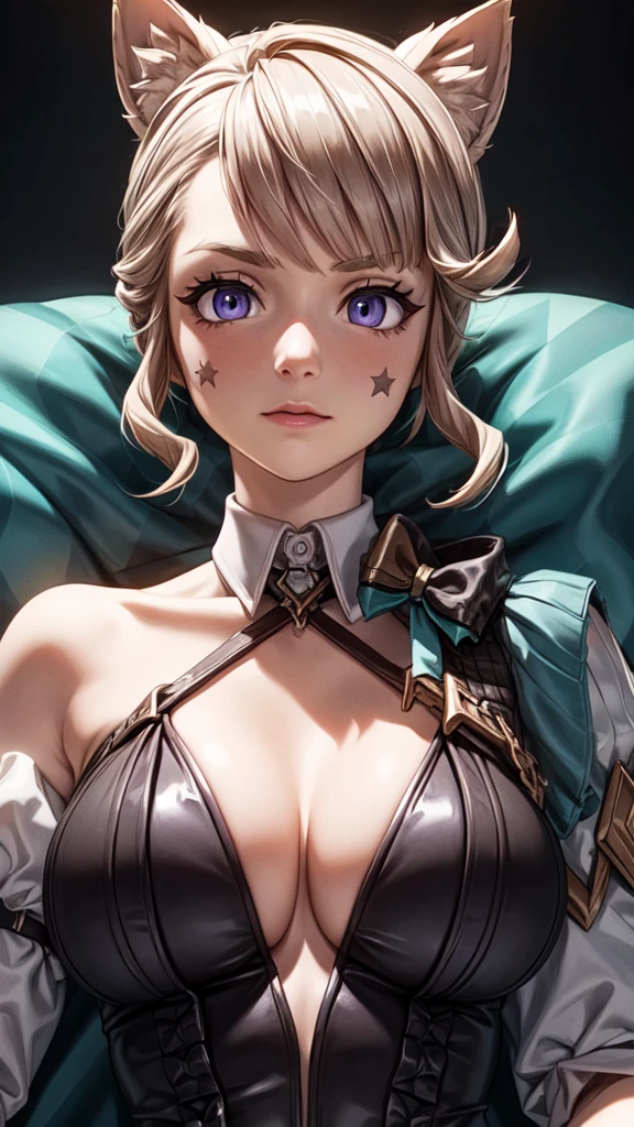 lynette, small animal ear fluff, small animal ears, small cat ears, facial mark, hair bow, (purple eyes:1.1, brown hair, star, star on cheek),body 3:4,
Huge Cleavage,
BREAK big breast,
BREAK serious face, lying down on back,
BREAK (masterpiece:1.2), best quality, high resolution, unity 8k wallpaper, (illustration:0.8), (beautiful detailed eyes:1.6), extremely detailed face, perfect lighting, extremely detailed CG, (perfect hands, perfect anatomy),
