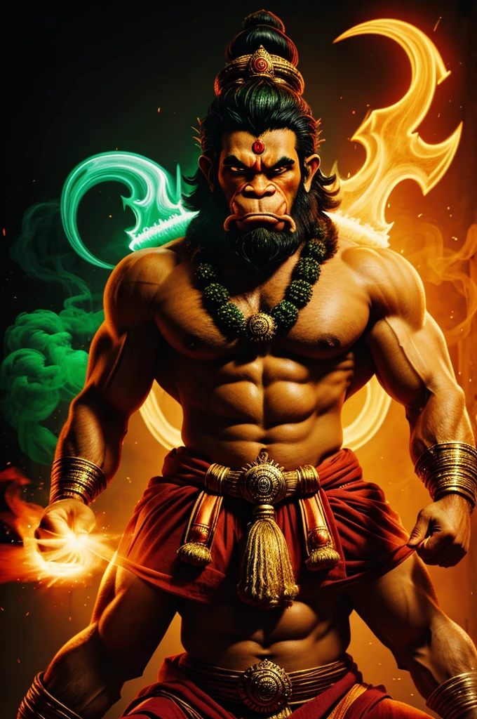 Lord Hanuman with great and angry looking face is  with neon and red letter A and at background green smoke is spread gently with animation look 