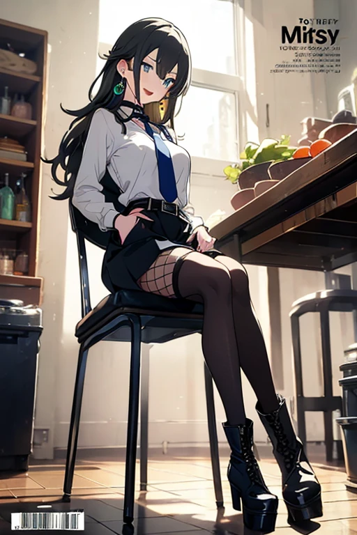 (from below:1.2),(Beautiful Allafed Woman),(((emphasizing breasts:1.0))),(Dynamic angles),(Dynamic and sexy bending pose:1.3),(sit a chair:1.3),(masterpiece:1.2), (Military uniform magazine cover:1.4),best quality,PIXIV,Sweet girl , sexy posture,1girl, (perky chest:1.2), rolling upskirt by wind:1.6, (with sparkling eyes and a contagious smile),open mouth, (pointed chest:1.2),fishnets, black hair, boots, long hair, black nails, skirt, shirt, solo, black footwear, bag, black skirt, jewelry, sitting, jacket, on head, black jacket, thigh strap, bangs, necktie, earrings, nail polish, white shirt, fishnet pantyhose, pantyhose, platform footwear, multicolored hair, looking at viewer, full body, bottle, own hands together, belt, jacket on shoulders, food, animal on head, black necktie, ring, choker, english text, collared shirt, blue eyes, platform boots, hat, cross-laced footwear, lace-up boots ,A scene of cooking in the kitchen
